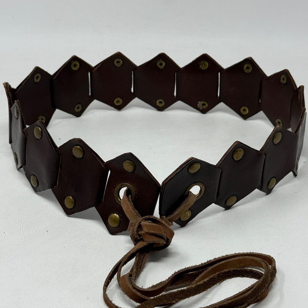 Leather Geometric Womens Brass Tie Belt Link Vintage Leather Brown Boho Hippie M